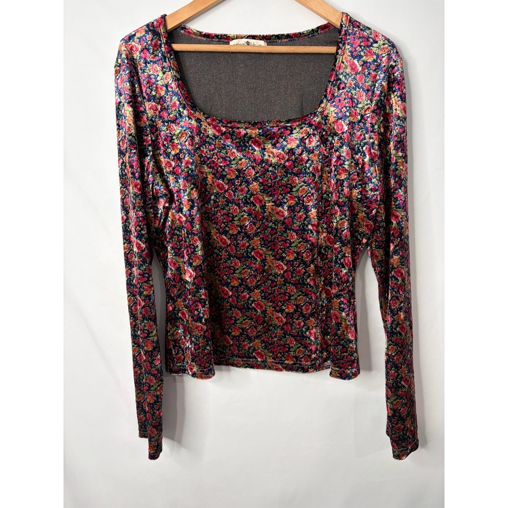 Natural Life Velvet Floral Square Neck Top Womens XL Boho Y2K Festival Grunge
